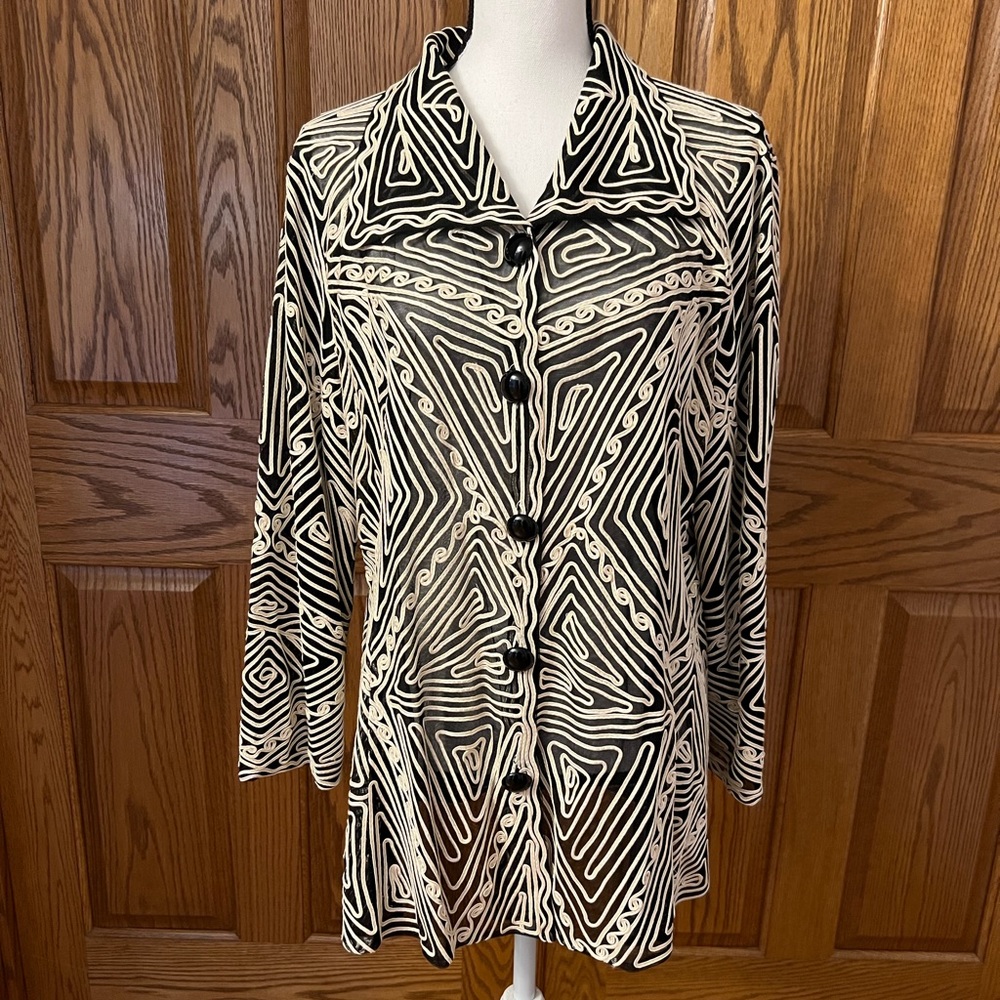 Coldwater Creek Black Button-Down Blouse with Off-White Appliqué Designs.